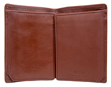 Load image into Gallery viewer, An open tan leather bi-fold wallet revealing two large compartments and the Hidesign embossed on it.