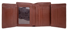 Load image into Gallery viewer, Tan leather bifold wallet opened to show its multiple credit card slots, ID window, & compartments.