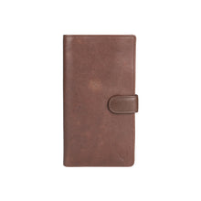 Load image into Gallery viewer, Brown leather passport holder with secure flap closure, designed for travel essentials by Hidesign.