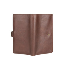 Load image into Gallery viewer, Brown leather passport holder with snap button closure, shown open for a sleek travel accessory.