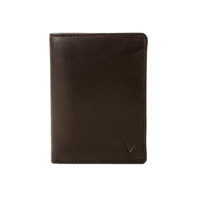 Load image into Gallery viewer, A front view of a closed dark brown leather bifold wallet for men with stitching & an embossed logo.