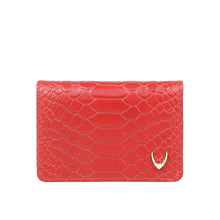 Load image into Gallery viewer, Red textured leather card holder with a scaled pattern, gold corner logo and compact front profile.