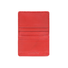 Load image into Gallery viewer, Open red card holder with card slots, smooth interior leather, & embossed logo on white background.