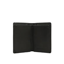 Load image into Gallery viewer, Open view of men's black bi-fold leather wallet with sleek compartments for cards by Hidesign.