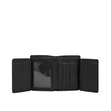 Load image into Gallery viewer, Spacious Hidesign men's black bi-fold wallet with multiple card slots and transparent ID window.