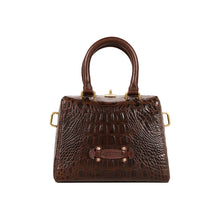 Load image into Gallery viewer, Back view of Hidesign Ritz 01 women’s brown sling bag with crocodile texture and gold hardware.
