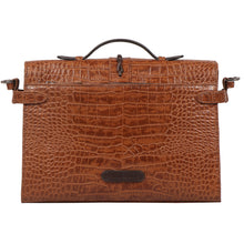 Load image into Gallery viewer, Back view of Tan crocodile-textured leather shoulder bag with top handle and Hidesign logo patch.