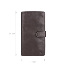 Load image into Gallery viewer, Dark brown leather passport holder with snap closure, shown with dimensions 21cm x 11cm by Hidesign.