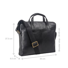 Load image into Gallery viewer, Side view of Hidesign EE Uranus 01 men's black leather briefcase with size dimensions shown in cm.