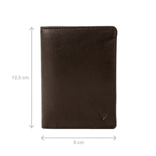 Load image into Gallery viewer, A closed brown leather wallet for men is shown with its dimensions clearly labeled as 12.5cm by 9cm.