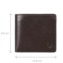 Load image into Gallery viewer, A closed brown leather wallet displaying its dimensions, 9.5 cm by 10.5 cm, on a white background.
