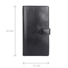 Load image into Gallery viewer, Black leather passport holder by Hidesign with flap closure, measuring 21cm x 11cm & embossed logo.