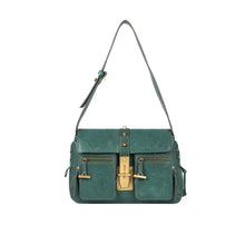 Load image into Gallery viewer, Guevara 02 women’s green leather shoulder bag from Hidesign with front pockets & gold buckle detail.