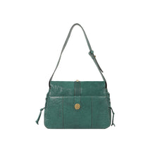 Load image into Gallery viewer, Back view of Hidesign's green leather shoulder bag with peace emblem, stitch detailing, & side ties.