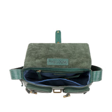 Load image into Gallery viewer, Open green leather shoulder bag showing organized compartments and 'FREEDOM' tag under flap.