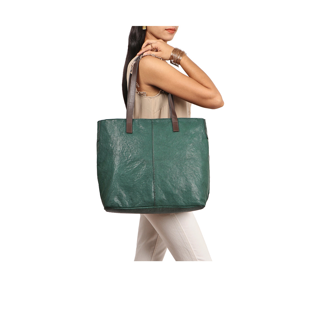 Hidesign leather tote satchel bag. order Distressed peat green leather studded shoulder purse