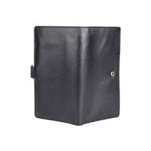 Load image into Gallery viewer, Black leather bifold wallet, open, showcasing smooth texture and gold-toned button for flap closure.
