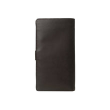 Load image into Gallery viewer, Rear view of Hidesign brown leather passport holder with smooth finish & visible side flap closure.