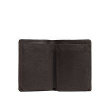 Load image into Gallery viewer, Close-up shot of a man's brown leather bi-fold wallet, open to reveal its empty inner compartments.