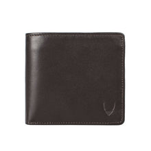 Load image into Gallery viewer, Front view of a closed brown leather bi-fold wallet for men with fine stitching and a debossed logo.