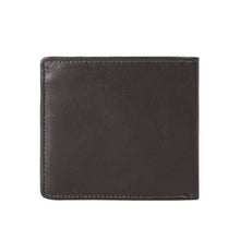 Load image into Gallery viewer, Front view of a closed, dark brown leather bi-fold wallet for men on a white background by Hidesign.