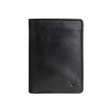 Load image into Gallery viewer, Men’s black leather bi-fold wallet with sleek finish & embossed logo of Hidesign on the front side.