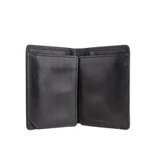 Load image into Gallery viewer, Open view of a black man's bifold wallet made of smooth leather, showing two interior compartments.