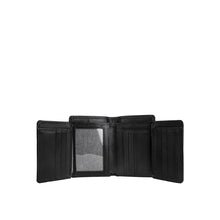 Load image into Gallery viewer, Spacious black Hidesign men's bifold wallet, showing multiple card slots & a transparent ID window.