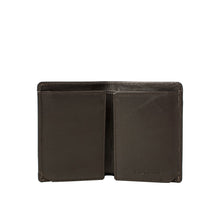 Load image into Gallery viewer, Open view of a man's brown bi-fold wallet showing two large main compartments and the Hidesign logo.