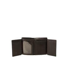 Load image into Gallery viewer, An open dark brown bifold wallet showing multiple compartments, including card slots & an ID window.