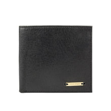 Load image into Gallery viewer, A textured black leather bi-fold wallet with a gold Hidesign logo plate on the bottom right corner.