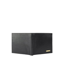Load image into Gallery viewer, A partially open-textured black leather bi-fold wallet with a gold Hidesign logo plate on the front.