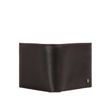 Load image into Gallery viewer, A partially open brown leather bi-fold wallet on a white background, featuring a golden logo stud.