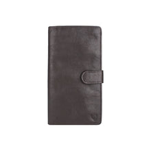 Load image into Gallery viewer, Front view of a dark brown leather passport holder with a snap-button closure from Hidesign brand.