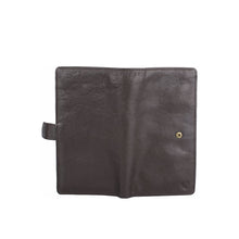 Load image into Gallery viewer, Back view of Hidesign brown leather passport holder with snap button and visible textured finish.