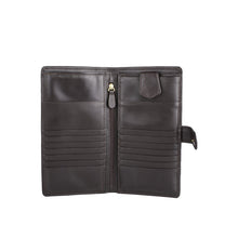 Load image into Gallery viewer, Inside view of brown leather passport holder with zip pouch, card slots, and secure tab closure.