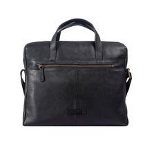 Load image into Gallery viewer, Back view of Hidesign EE Uranus 01 men's black leather briefcase featuring golden zip pocket detail.