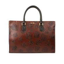 Load image into Gallery viewer, Front view of Hidesign Kester women's brown leather laptop bag with black leaf embossing & handles.