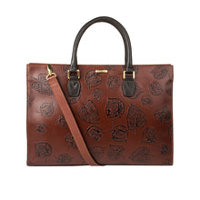 Load image into Gallery viewer, Kester women's brown leather laptop bag with black leaf embossing, top handles, & detachable strap.