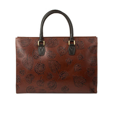 Load image into Gallery viewer, Back view of Hidesign Kester women's brown leather laptop bag with embossed leaf pattern & handles.