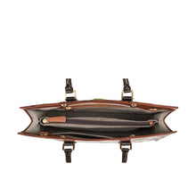 Load image into Gallery viewer, Top view of Hidesign Kester women's brown laptop bag showing spacious interior with zipper section.