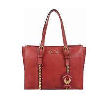 Load image into Gallery viewer, Elegant women's marsala red leather tote bag with gold chain accents & "Rock Star" tag by Hidesign.
