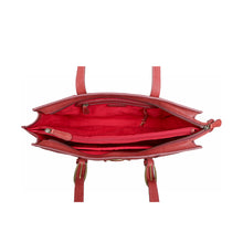 Load image into Gallery viewer, Top view of Marsala red tote bag showing spacious interior with zip compartments and red lining.