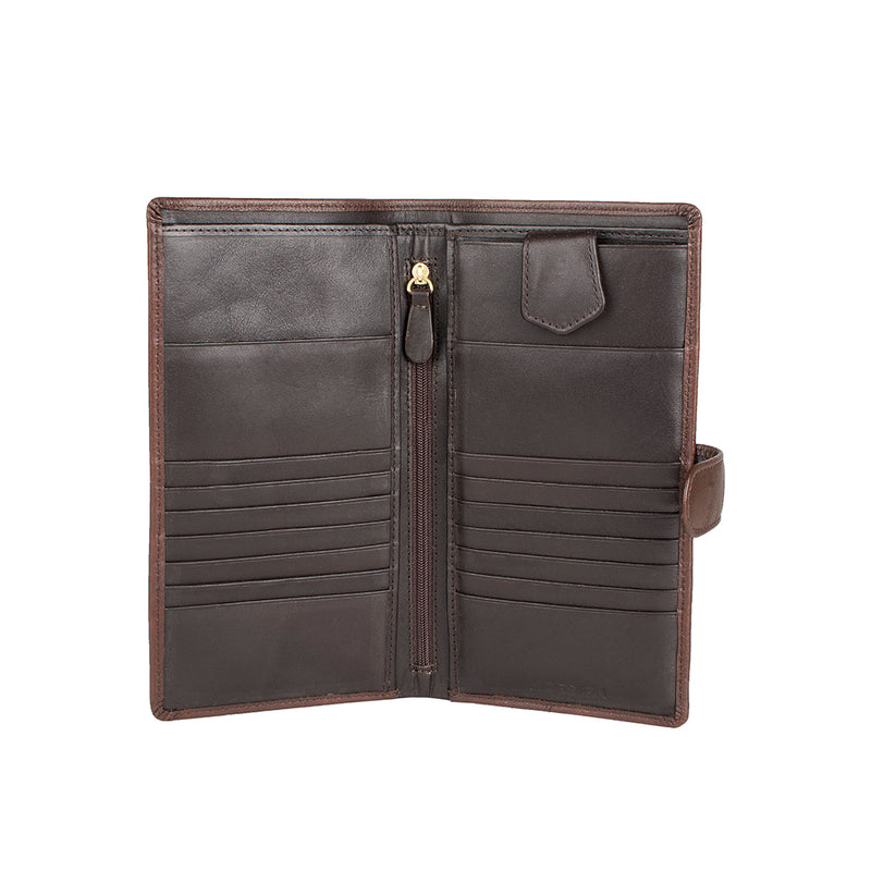 Brown leather passport holder with multiple card slots and a zipper pocket for organized travel.