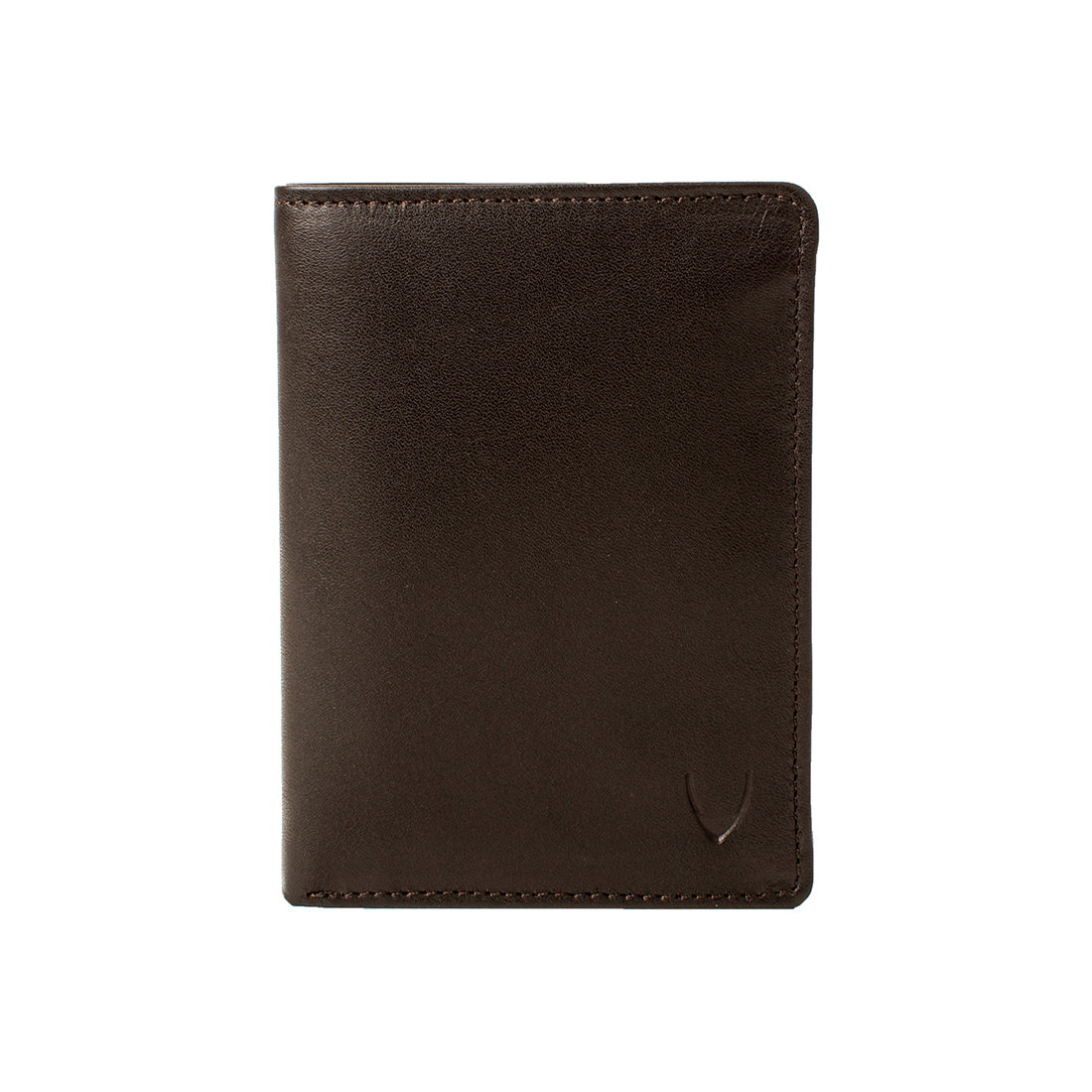 A front view of a closed dark brown leather bifold wallet for men with stitching & an embossed logo.