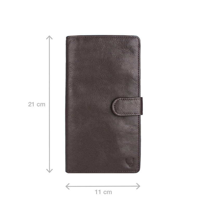 Dark brown leather passport holder with snap closure, shown with dimensions 21cm x 11cm by Hidesign.
