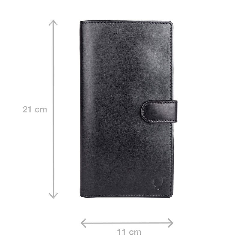 Black leather passport holder by Hidesign with flap closure, measuring 21cm x 11cm & embossed logo.