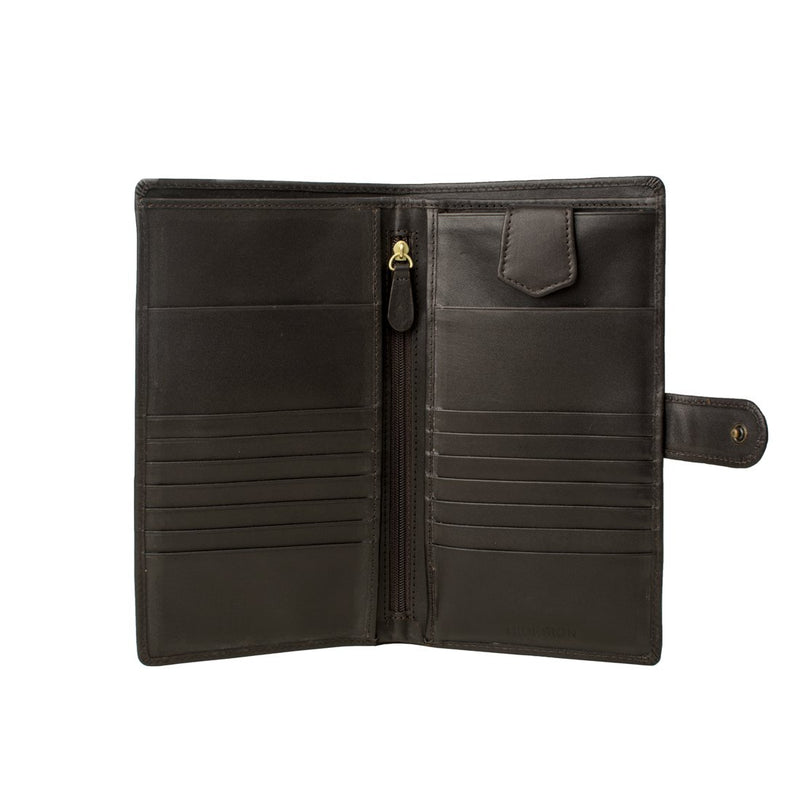 Open view of Hidesign travel brown leather passport holder with zip pocket and multiple card slots.