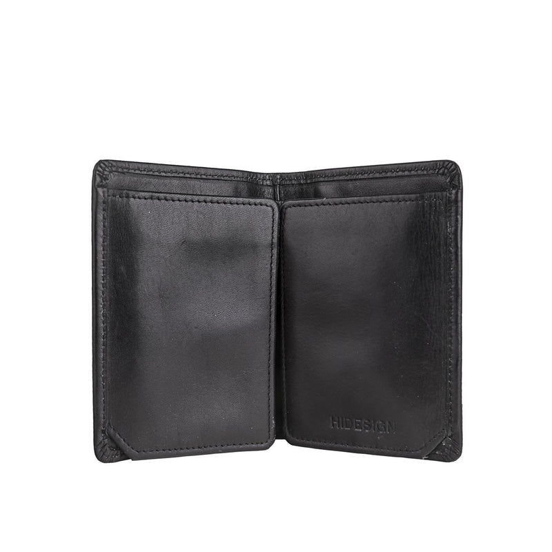 Open view of a black man's bifold wallet made of smooth leather, showing two interior compartments.