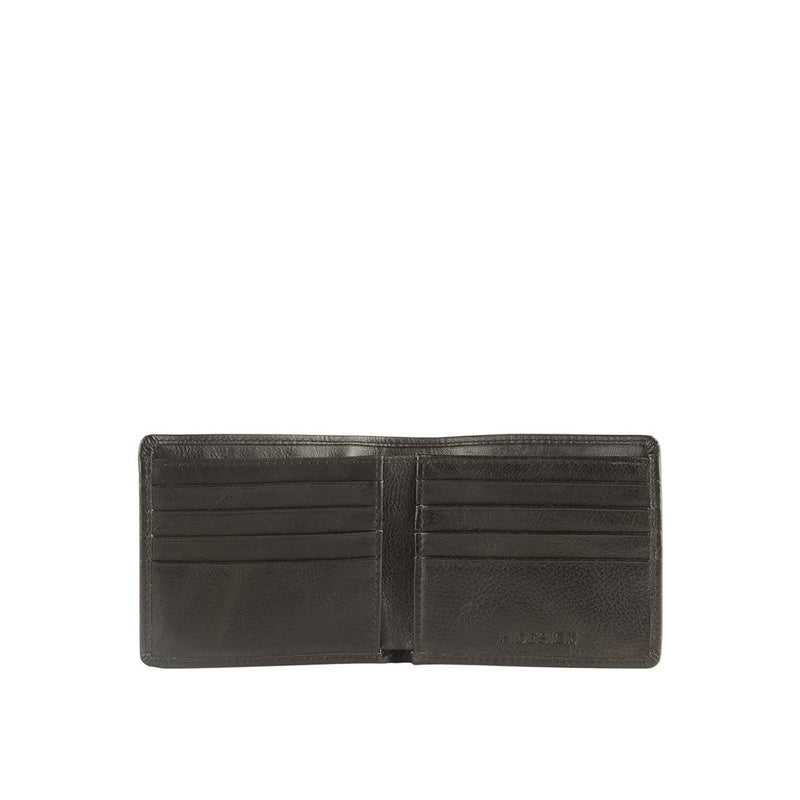 An open men's black bi-fold wallet revealing multiple card slots & an Hidesign logo on the interior.